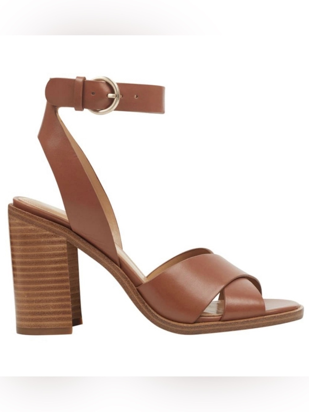 Marc Fisher Tan Leather Block Heel Sandals with Ankle Buckle